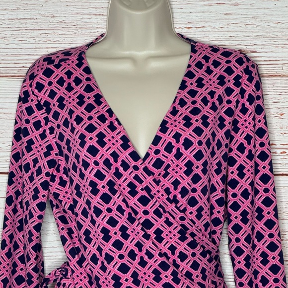 Vineyard Vines Long Sleeve Lattice Knit Print Wrap Dress in Deep Bay Sz S - Picture 4 of 11